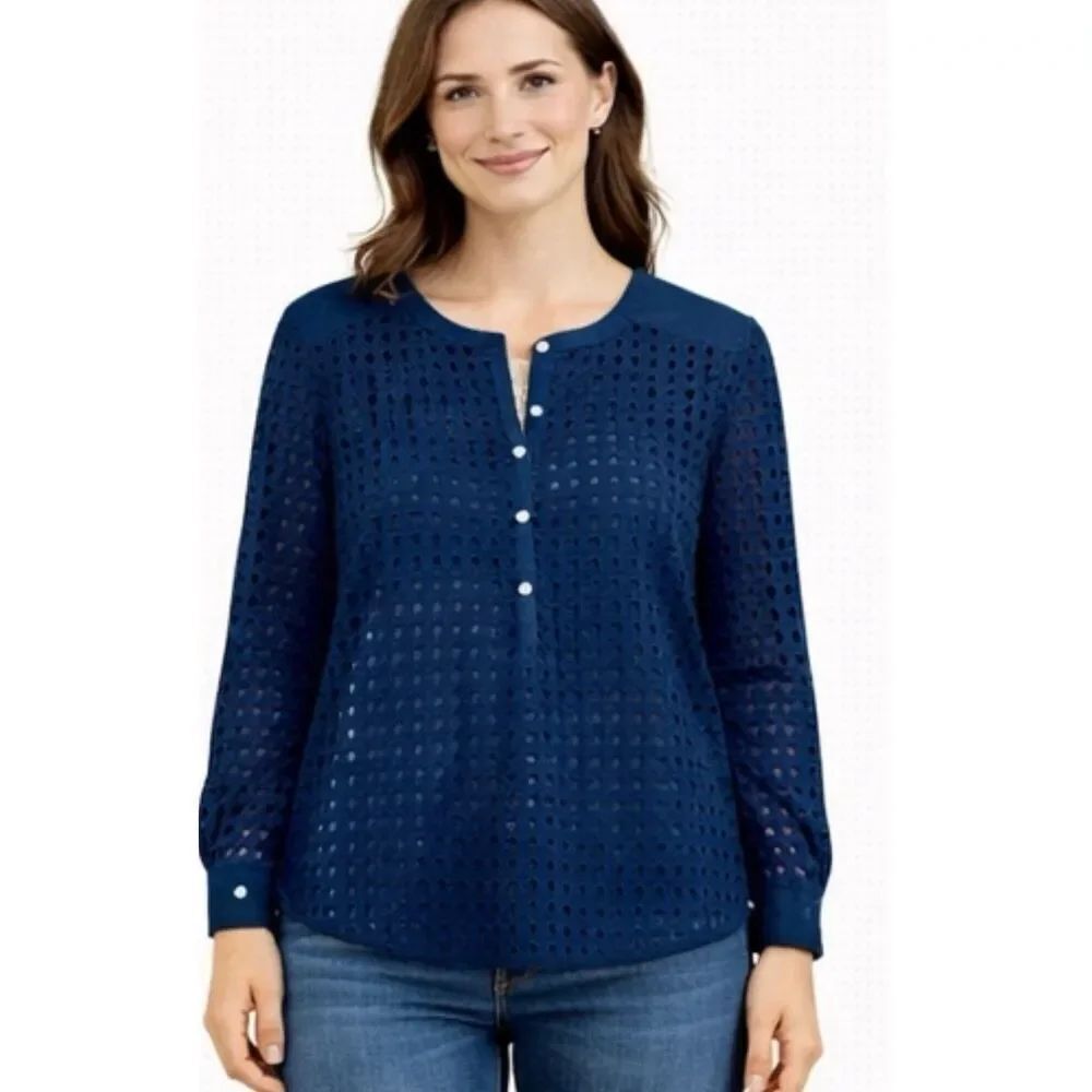 Banana republic navy open woven Henley pullover blouse m